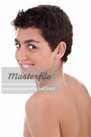Closeup side view of a teenager on white background