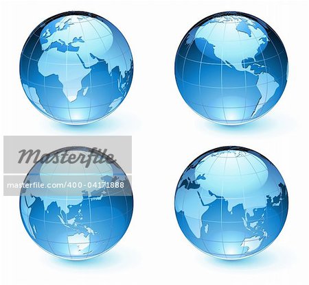 Vector illustration of blue Glossy Earth Map Globes different angles