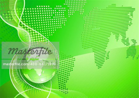Vector illustration of green abstract Background with Glossy Globe and Word Map of Earth