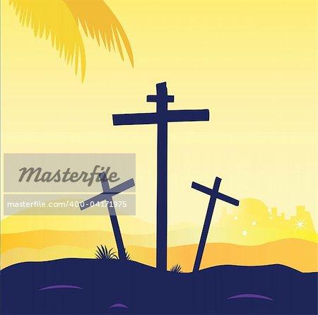 Calvary sunset scene with crosses. Jesus crucifixion. Vector Illustration.