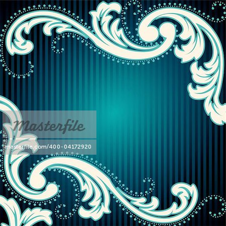 Elegant deep blue background inspired by Rococo era designs. Graphics are grouped and in several layers for easy editing. The file can be scaled to any size.