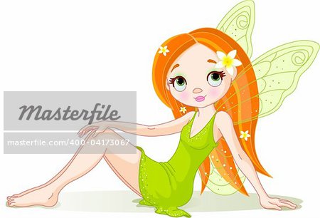 Vector Illustration of cute sitting green fairy.