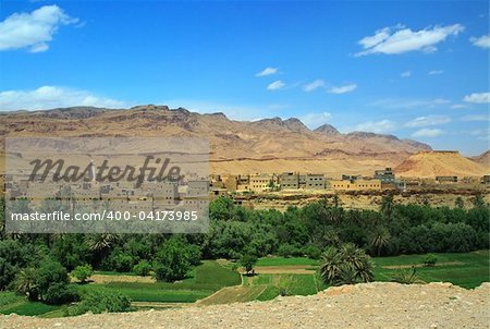 panorama of a village among Moroccan hills, Dades valley