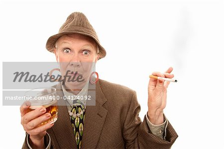 Senior woman in tweed smoking and holding alcohol