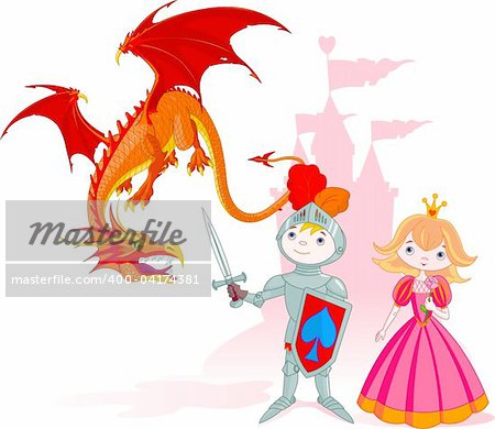 The brave knight protects the princess from a dragon