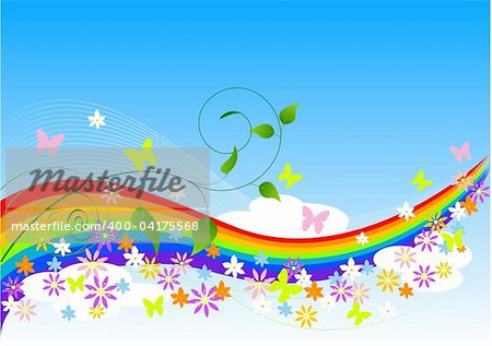 Abstract Spring Background with rainbow, flowers and butterflies