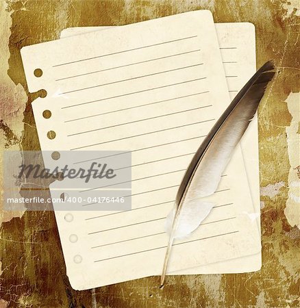 Grunge background with notebook pages and feather