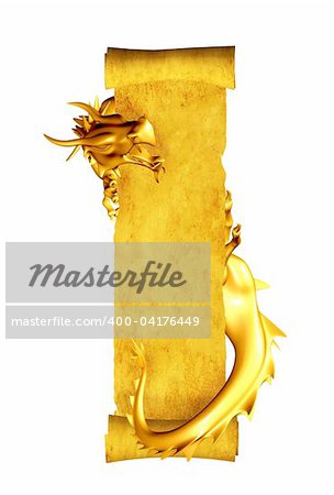 Dragon and scroll of old parchment. Object isolated over white