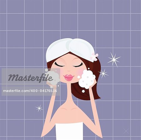 Stylish vector illustration of woman washing her face.