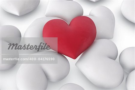 3d illustration/rendering of  one velvety red heart lying on top of several white hearts, close-up