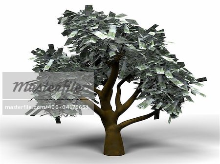 3D cartoon illustrating a money tree with 100 euro bills as leafs