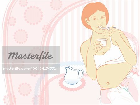 illustration drawing of a pregnant woman eating dairy