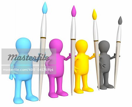 Team of four puppets with brushes - palette CMYK