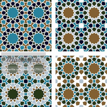 A set of 4 Islamic Geometric Seamless Patterns.  Each color can be changed.