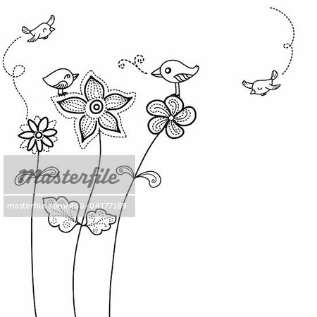 Floral background design with cute birds and room for your text.  Individual elements are easily editable.