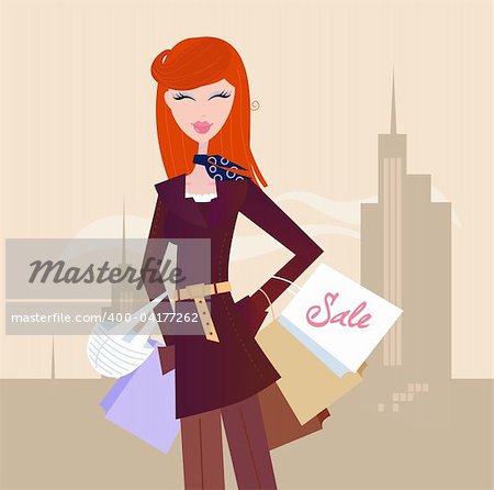 Elegant woman with shopping bags in the city. Vector fashion illustration.