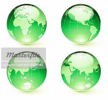 Vector illustration of green Glossy Earth Map Globes different angles