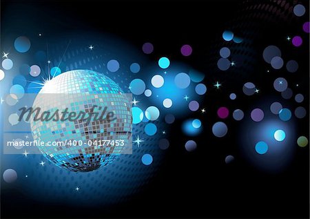Vector illustration of  blue abstract party Background with glowing lights and disco ball