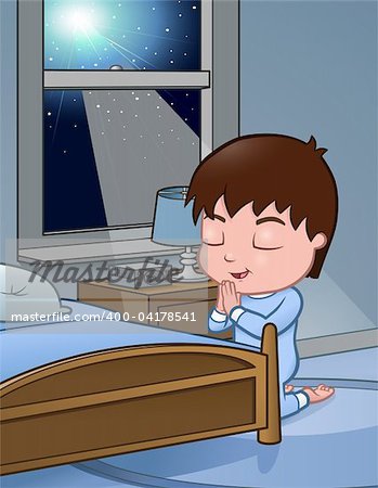This is a vector illustration of a little boy praying before bedtime