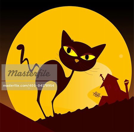 Spooky cat silhouette, old house mansion and yellow sunset in background. Vector Illustration.