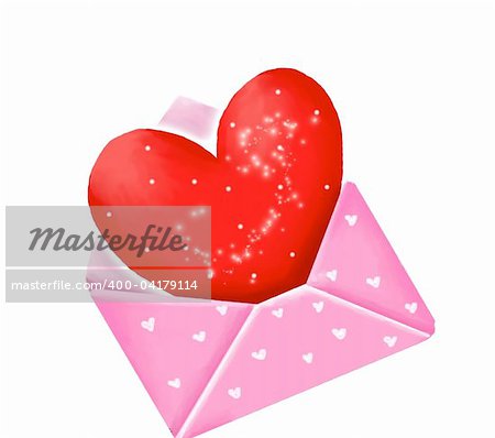 Red heart sign in the pink envelope isolated on white