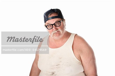 Fat man in tee shirt on white background