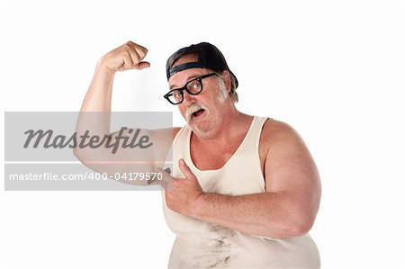 Obese man in tee shirt on white background