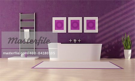 fashion white bathtub in front a plaster purple wall