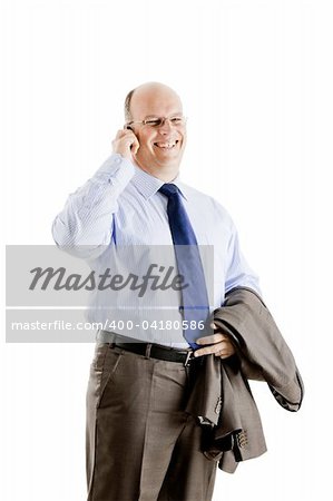 Middle-aged businessman making a phone call, isolated on white background