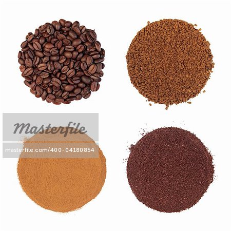 Coffee beans, instant, espresso with cream, and ground, top left to bottom right in circular shapes with scattered granules, isolated over white background.