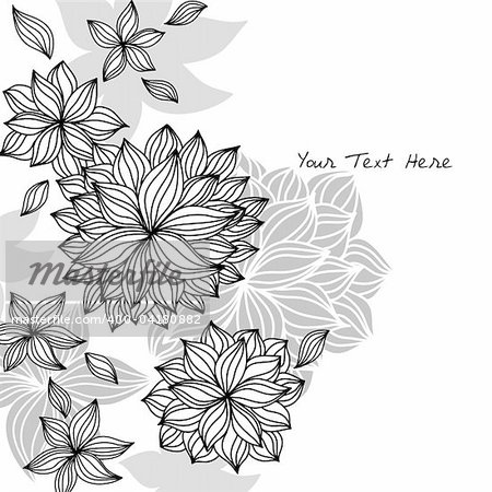 Hand-drawn floral background design in black and white with room for your text.  Sample text is expanded and does not require fonts.