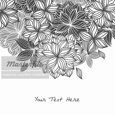 Hand-drawn floral background design in black and white with room at the bottom for your text.  Sample text is expanded and does not require fonts.