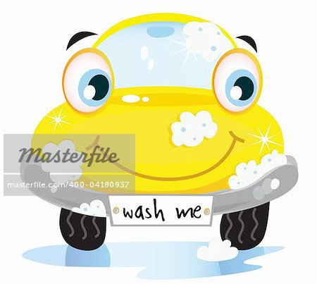 Vector illustration of happy yellow car in car wash cleaning service. Vector cartoon illustration.