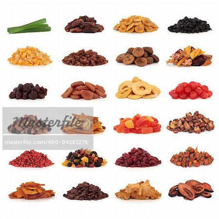 Large collection of dried and candied fruit for snacks and culinary use, isolated over white background.