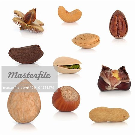 Nut collection  isolated over white background with reflection.