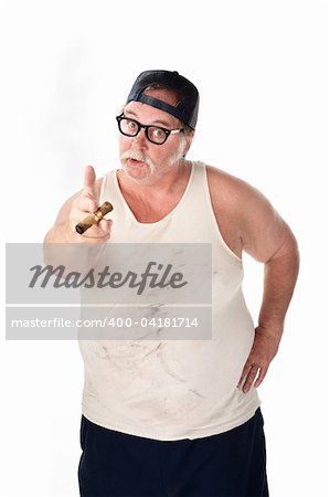 Obese man in tee shirt on white background