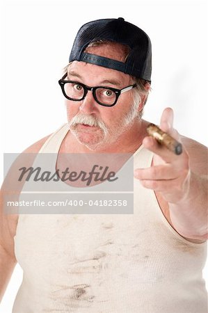 Fat man pointing with a cigar in tee shirt