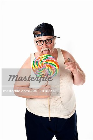 Fat man with greasy shirt holding a lollipop and cigar