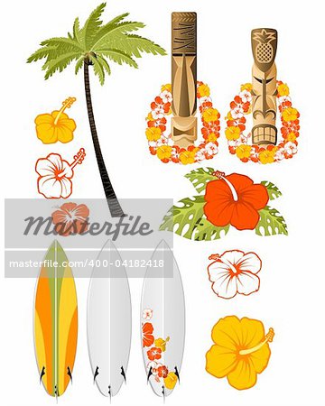 Hawaiian rest attributes, Hibiscus, Surfboards and tikis