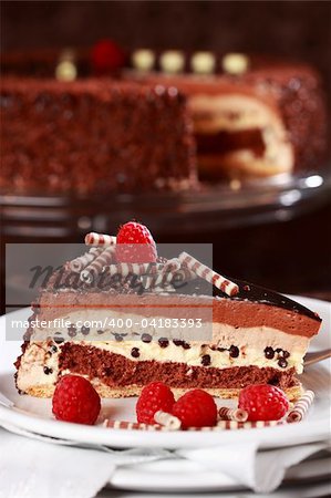 Delicious chocolate cake garnished with fruits and small chocolate rolls