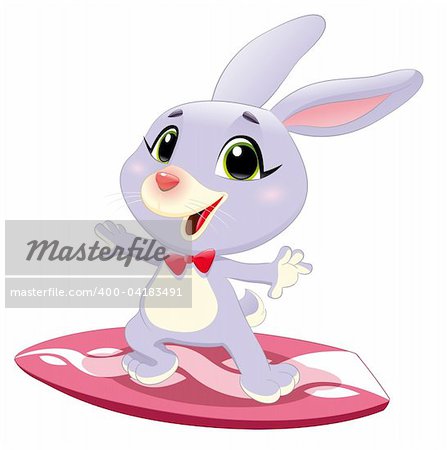 Bunny rabbit with surf. Funny cartoon and vector sporty character