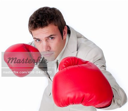 Ambitious businessman checking the competition isolated on a white background