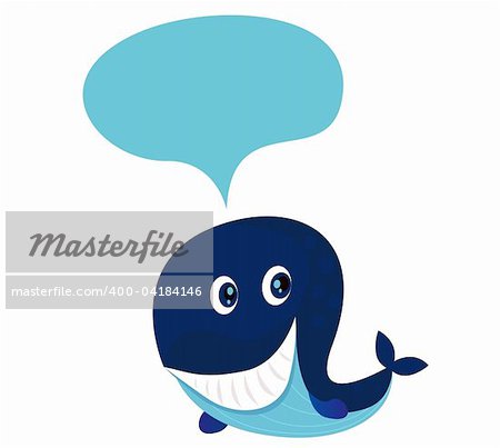 Vector illustration of cute blue cartoon whale with speech bubble. Write your own text / caption into it!