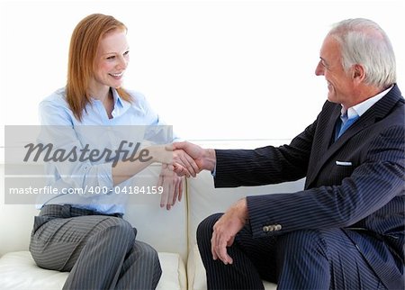 Smiling business people shaking hands sitting on a sofa in a modern building