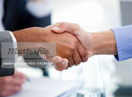 Close-up of business partners shaking hands in a meeting