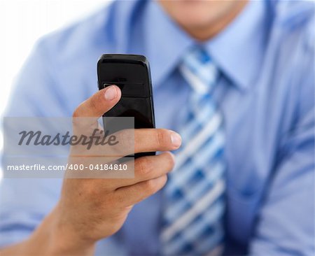 Close-up of a businessman sending a text isolated on a white background