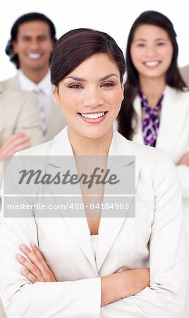 Presentation of a smiling business team against a white background