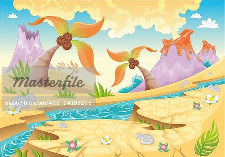 Background with tree palms and volcanoes. Funny cartoon and vector illustration.