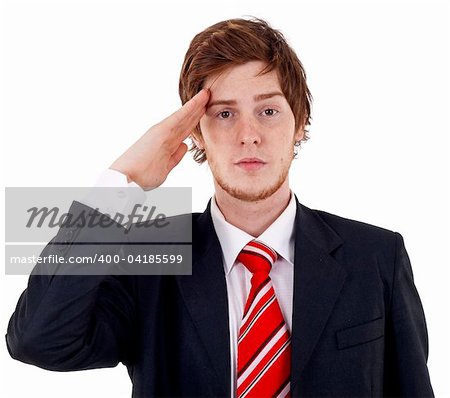 Business man gives salute isolated on white background