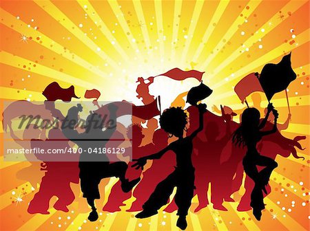 Crowd with flags and confetti celebrating. Editable Vector Illustration
